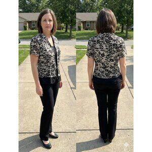 Talbots Petites 6 100% Silk Abstract Floral Tie Front Blouse Top Black White